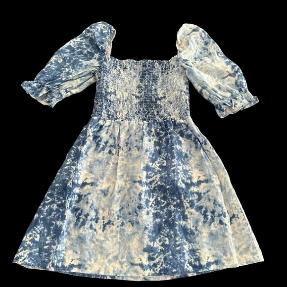 Reformation size Medium 100% Linen Blue Dyed Mini Dress Smocked Western Beachy - Picture 3 of 10